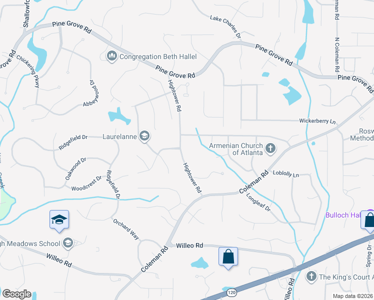 map of restaurants, bars, coffee shops, grocery stores, and more near 9785 Hightower Road in Roswell