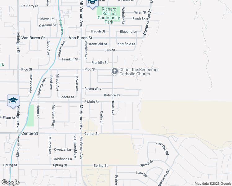 map of restaurants, bars, coffee shops, grocery stores, and more near 22710 Robin Way in Grand Terrace