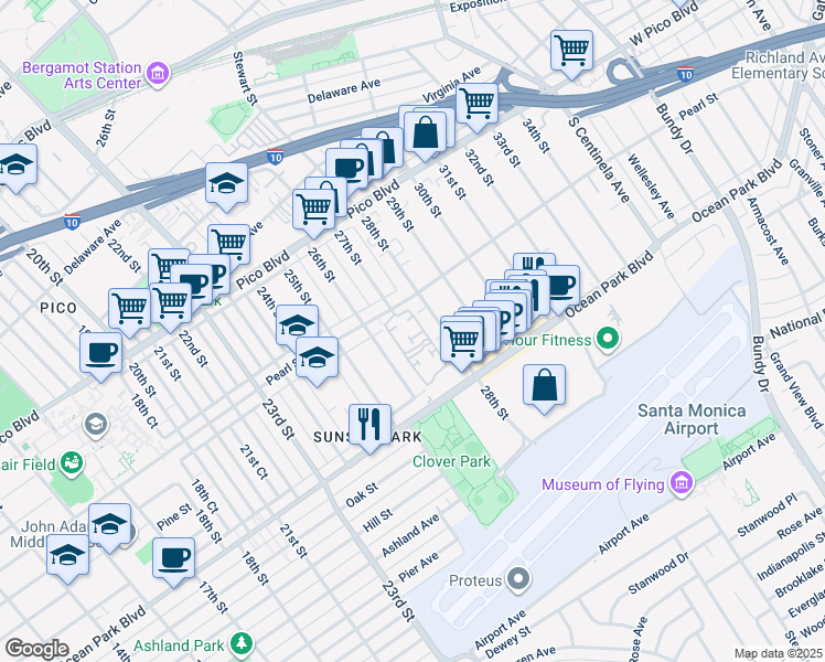 map of restaurants, bars, coffee shops, grocery stores, and more near in Santa Monica