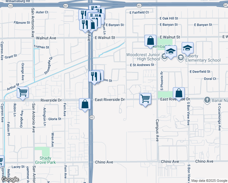map of restaurants, bars, coffee shops, grocery stores, and more near 2936 Cherry Way in Ontario