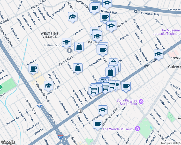 map of restaurants, bars, coffee shops, grocery stores, and more near 3631 Westwood Boulevard in Los Angeles