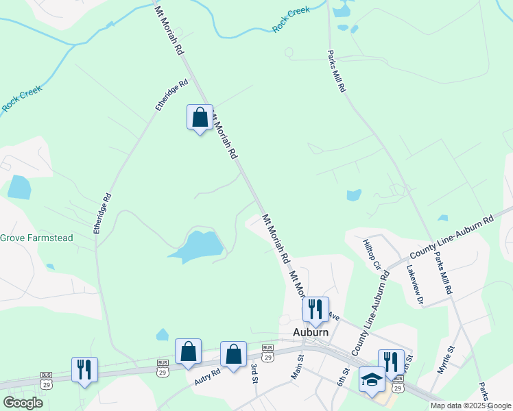 map of restaurants, bars, coffee shops, grocery stores, and more near 110 Mount Moriah Road in Auburn