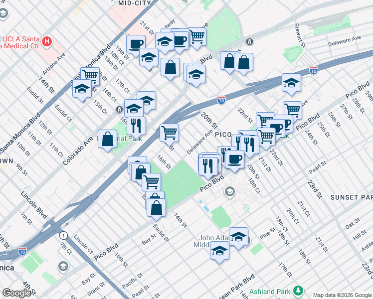 map of restaurants, bars, coffee shops, grocery stores, and more near 1844 18th Street in Santa Monica