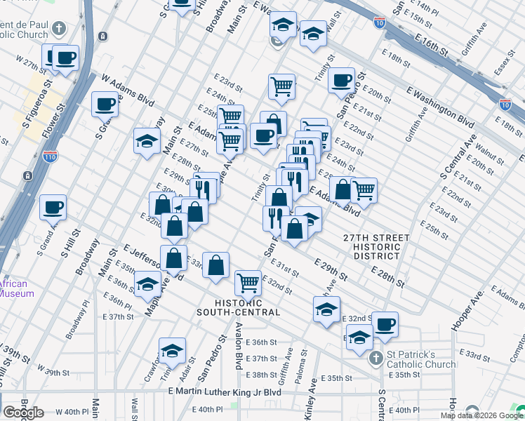 map of restaurants, bars, coffee shops, grocery stores, and more near 2818 Trinity Street in Los Angeles