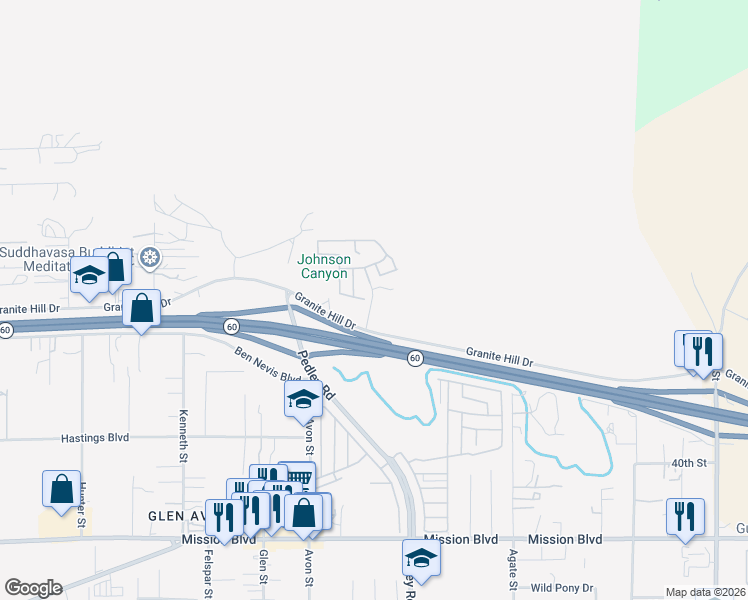 map of restaurants, bars, coffee shops, grocery stores, and more near 3750 Quartz Canyon Road in Riverside