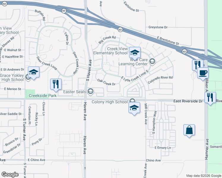 map of restaurants, bars, coffee shops, grocery stores, and more near 3639 Country Oaks Loop in Ontario