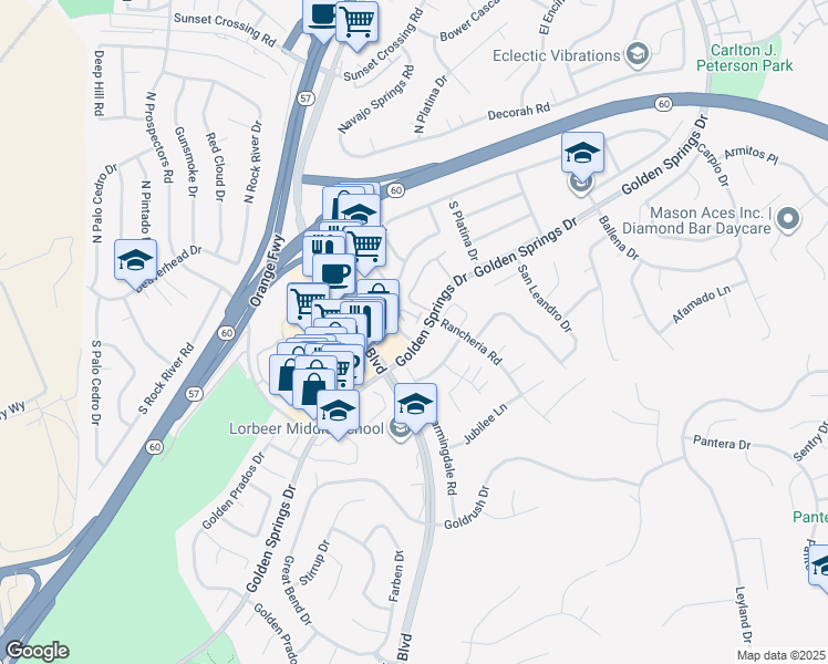 map of restaurants, bars, coffee shops, grocery stores, and more near 23555 Golden Springs Drive in Diamond Bar