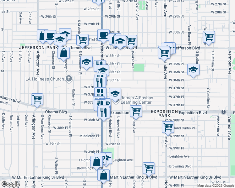 map of restaurants, bars, coffee shops, grocery stores, and more near 1625 West 37th Place in Los Angeles