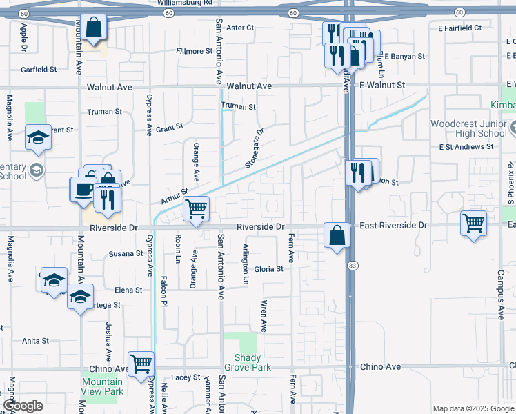 map of restaurants, bars, coffee shops, grocery stores, and more near 12834 Zinnea Avenue in Chino
