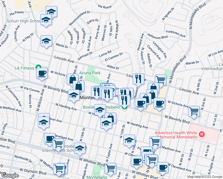 map of restaurants, bars, coffee shops, grocery stores, and more near 1412 Masser Place in Montebello