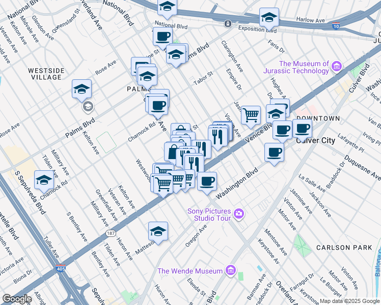 map of restaurants, bars, coffee shops, grocery stores, and more near 3745 Keystone Avenue in Los Angeles