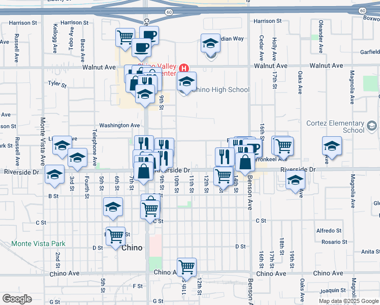 map of restaurants, bars, coffee shops, grocery stores, and more near 11 Th Street in Chino