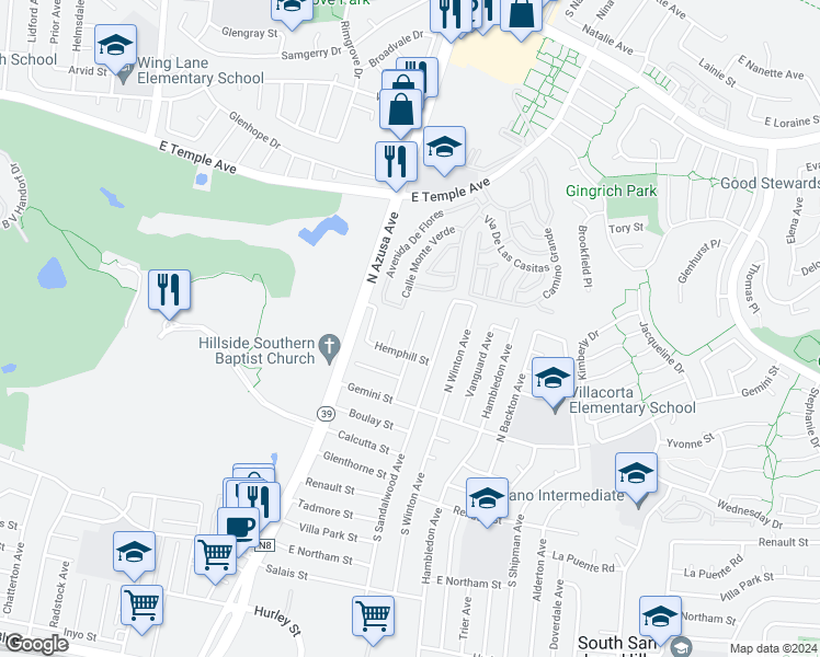 map of restaurants, bars, coffee shops, grocery stores, and more near 227 Zenith Avenue in La Puente