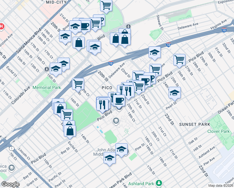 map of restaurants, bars, coffee shops, grocery stores, and more near 1957 19th Street in Santa Monica