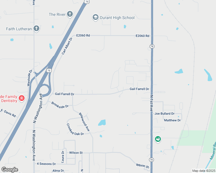 map of restaurants, bars, coffee shops, grocery stores, and more near 3043 Quail Ridge Circle in Durant