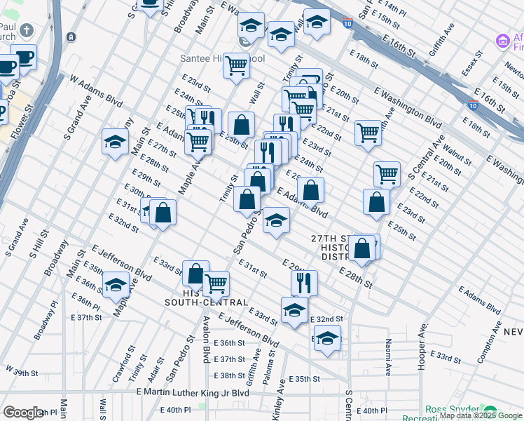 map of restaurants, bars, coffee shops, grocery stores, and more near 2708 San Pedro Street in Los Angeles