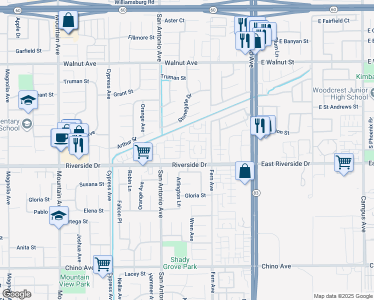 map of restaurants, bars, coffee shops, grocery stores, and more near 12834 Zinnea Avenue in Chino