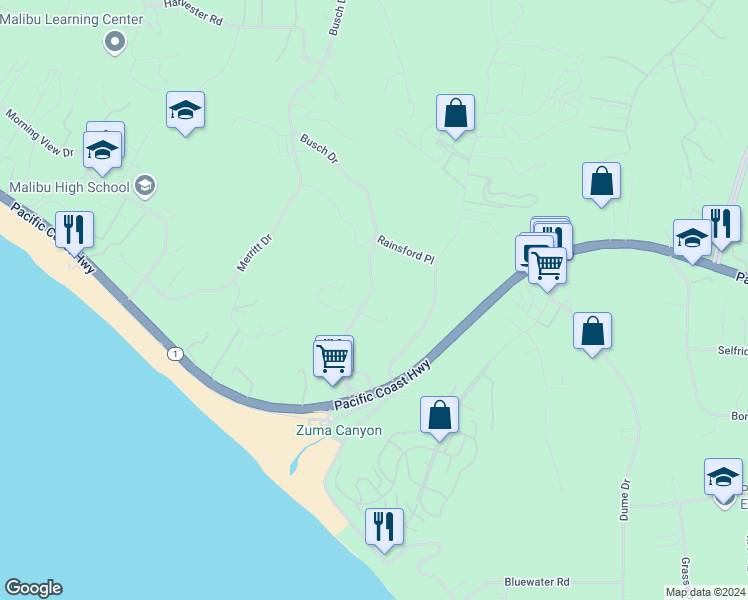 map of restaurants, bars, coffee shops, grocery stores, and more near 6316 Busch Drive in Malibu