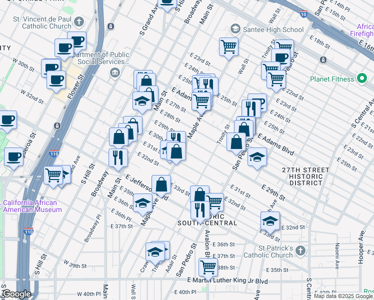 map of restaurants, bars, coffee shops, grocery stores, and more near 2922 Maple Avenue in Los Angeles