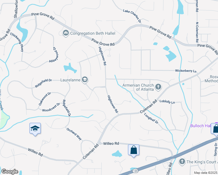 map of restaurants, bars, coffee shops, grocery stores, and more near 9785 Hightower Road in Roswell