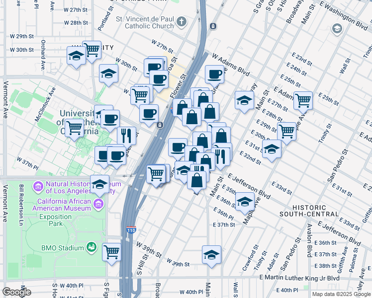 map of restaurants, bars, coffee shops, grocery stores, and more near in Los Angeles