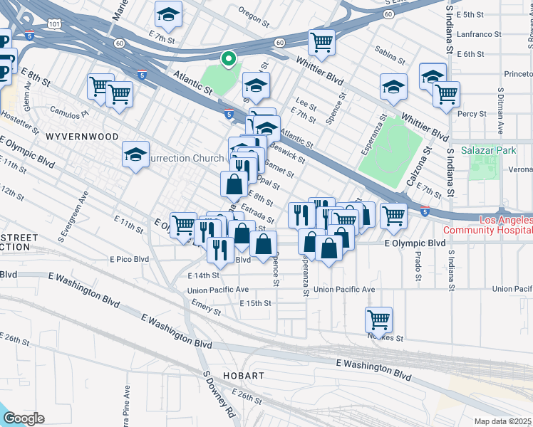 map of restaurants, bars, coffee shops, grocery stores, and more near 3453 Estrada Street in Los Angeles