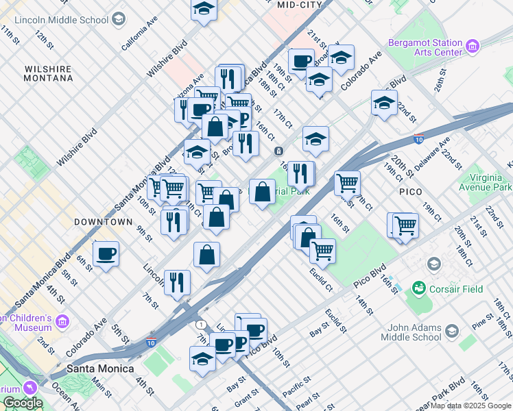 map of restaurants, bars, coffee shops, grocery stores, and more near 1645 Euclid Street in Santa Monica