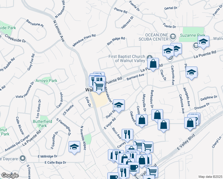 map of restaurants, bars, coffee shops, grocery stores, and more near 20163 Mckay Drive in Walnut