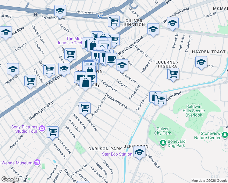 map of restaurants, bars, coffee shops, grocery stores, and more near 4112 Duquesne Avenue in Culver City