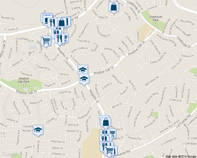 map of restaurants, bars, coffee shops, grocery stores, and more near 19019 East Garnet Way in Walnut