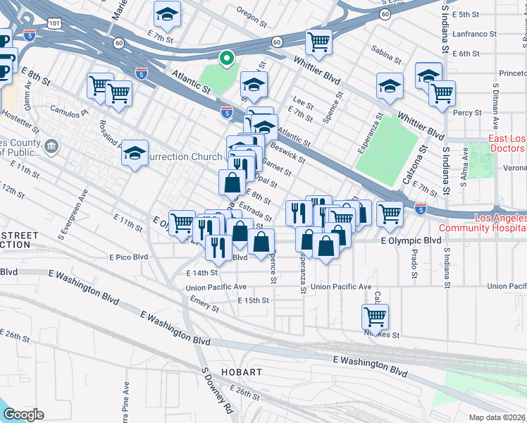map of restaurants, bars, coffee shops, grocery stores, and more near 3453 Estrada Street in Los Angeles