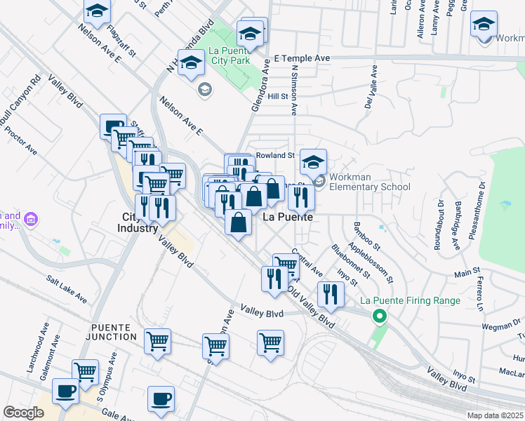 map of restaurants, bars, coffee shops, grocery stores, and more near 15907 Main Street in La Puente