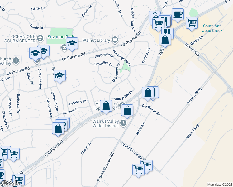 map of restaurants, bars, coffee shops, grocery stores, and more near 21154 John Irwin Drive in Walnut