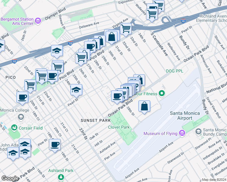 map of restaurants, bars, coffee shops, grocery stores, and more near in Santa Monica