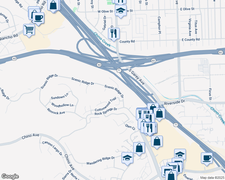 map of restaurants, bars, coffee shops, grocery stores, and more near 2545 Scenic Ridge Drive in Chino Hills
