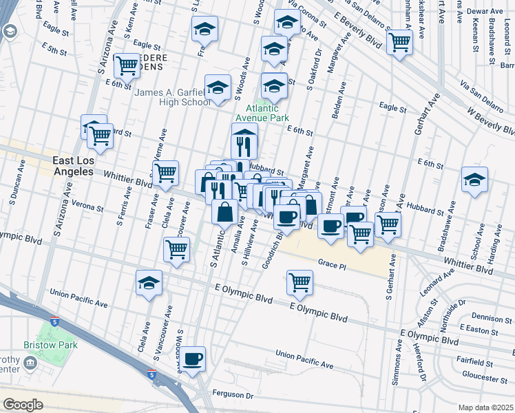 map of restaurants, bars, coffee shops, grocery stores, and more near 5367 Whittier Boulevard in East Los Angeles