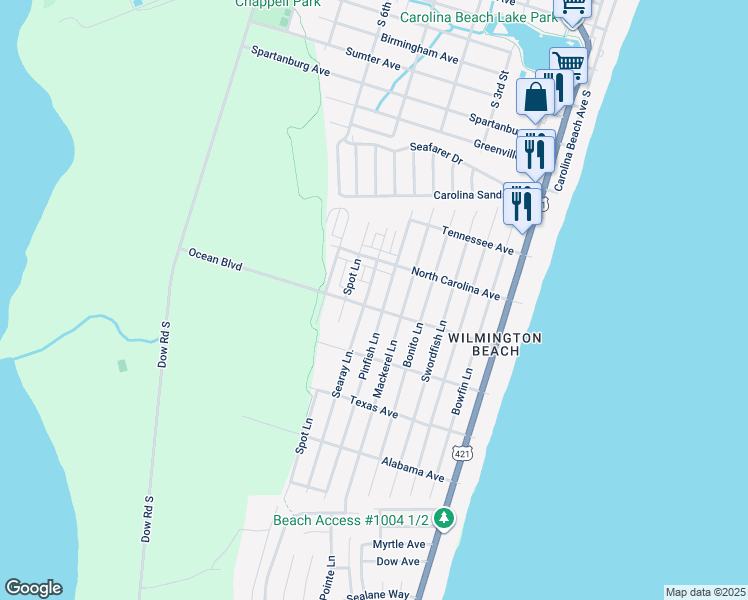 map of restaurants, bars, coffee shops, grocery stores, and more near 704 Ocean Boulevard in Carolina Beach