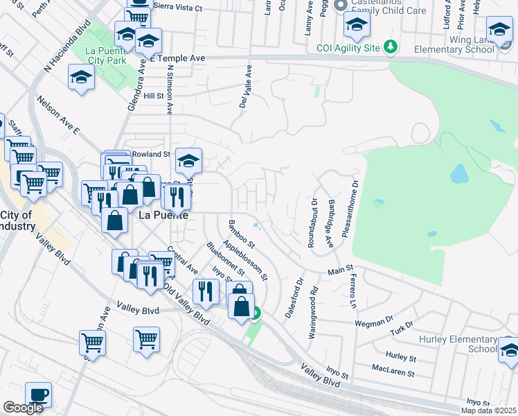 map of restaurants, bars, coffee shops, grocery stores, and more near 108 Buckeye Street in La Puente