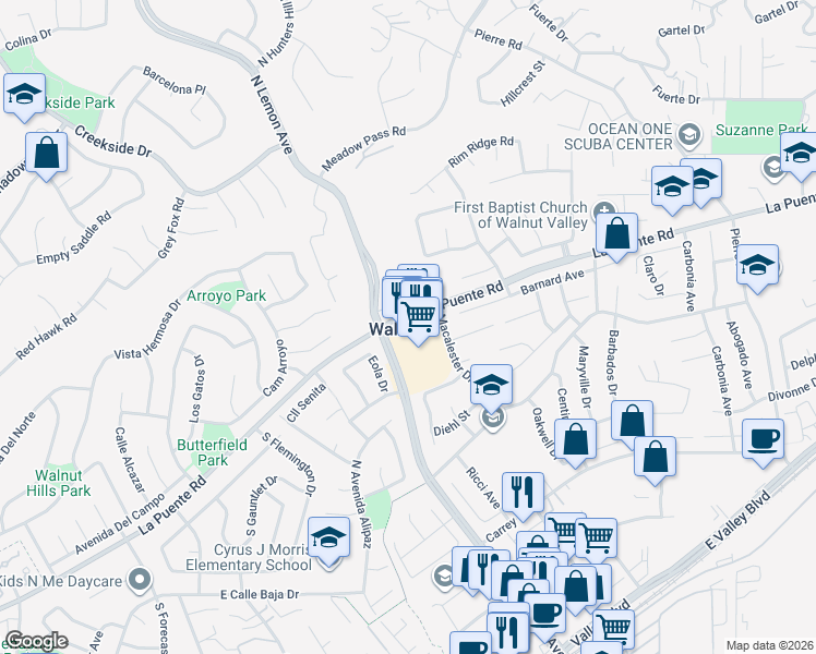 map of restaurants, bars, coffee shops, grocery stores, and more near 2 North Lemon Avenue in Walnut