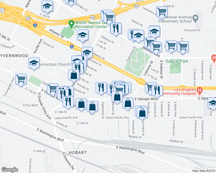 map of restaurants, bars, coffee shops, grocery stores, and more near 3560 Opal Street in Los Angeles