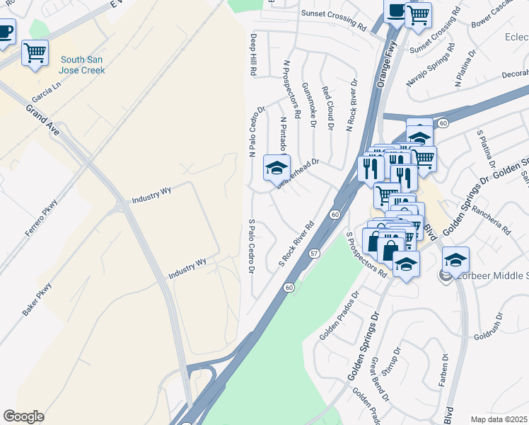 map of restaurants, bars, coffee shops, grocery stores, and more near 214 Eagle Nest Drive in Diamond Bar