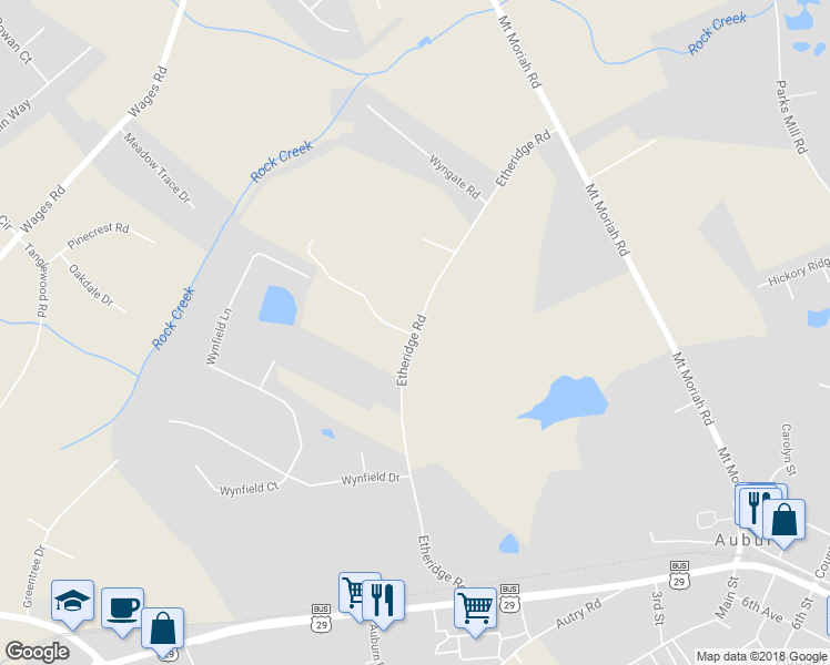 map of restaurants, bars, coffee shops, grocery stores, and more near 203 Etheridge Road in Auburn