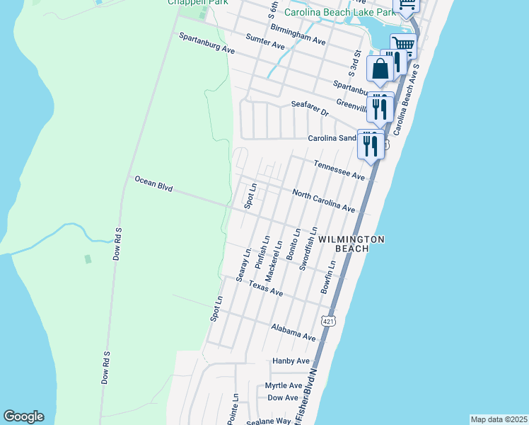 map of restaurants, bars, coffee shops, grocery stores, and more near 707 Ocean Boulevard in Carolina Beach