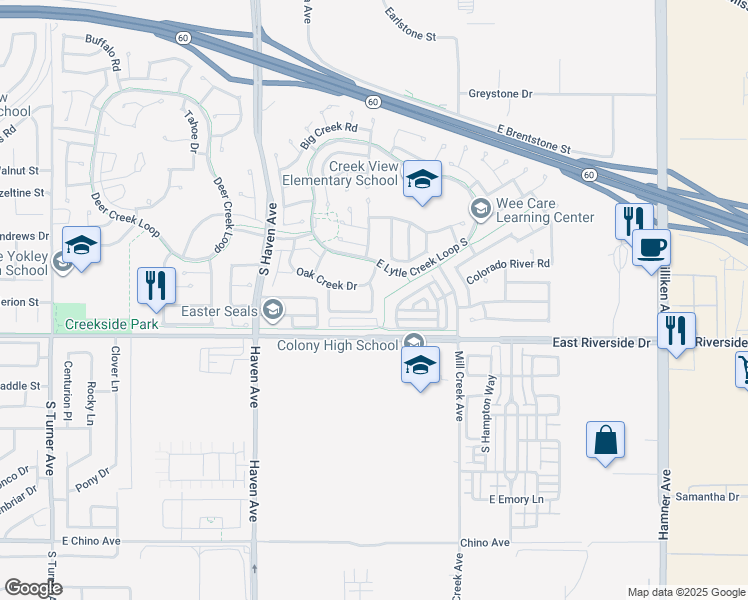 map of restaurants, bars, coffee shops, grocery stores, and more near 3715 Country Oaks Loop in Ontario