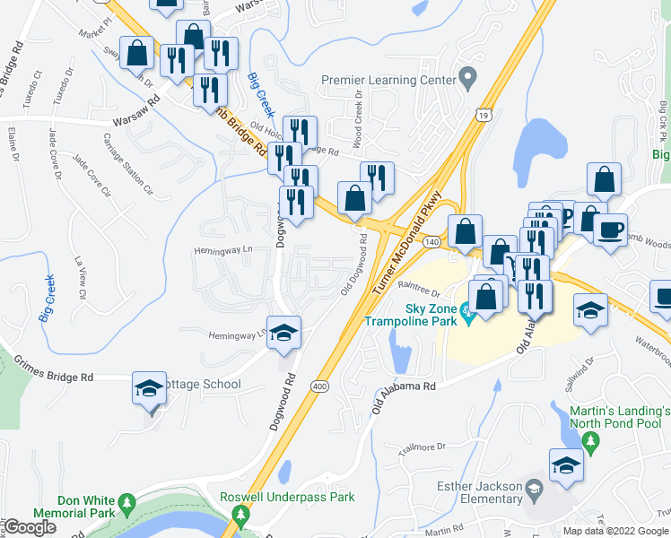 map of restaurants, bars, coffee shops, grocery stores, and more near 2034 Heathermere Way. in Roswell