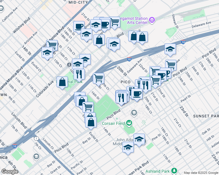 map of restaurants, bars, coffee shops, grocery stores, and more near 1844 18th Street in Santa Monica