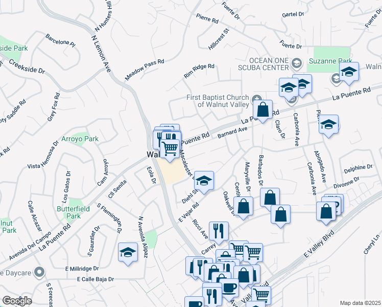 map of restaurants, bars, coffee shops, grocery stores, and more near 20163 Mckay Drive in Walnut