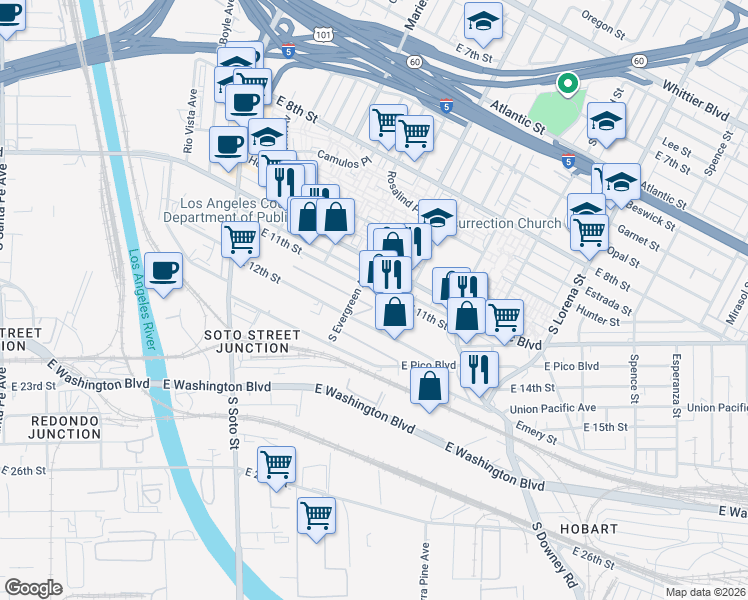 map of restaurants, bars, coffee shops, grocery stores, and more near 3050 East 11th Street in Los Angeles