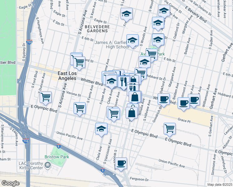 map of restaurants, bars, coffee shops, grocery stores, and more near 925 South Vancouver Avenue in Los Angeles