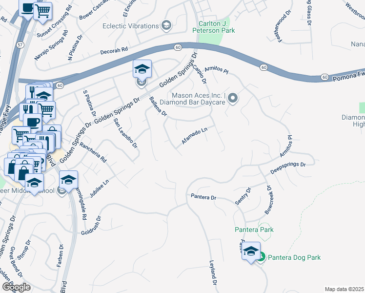 map of restaurants, bars, coffee shops, grocery stores, and more near 24116 Afamado Lane in Diamond Bar
